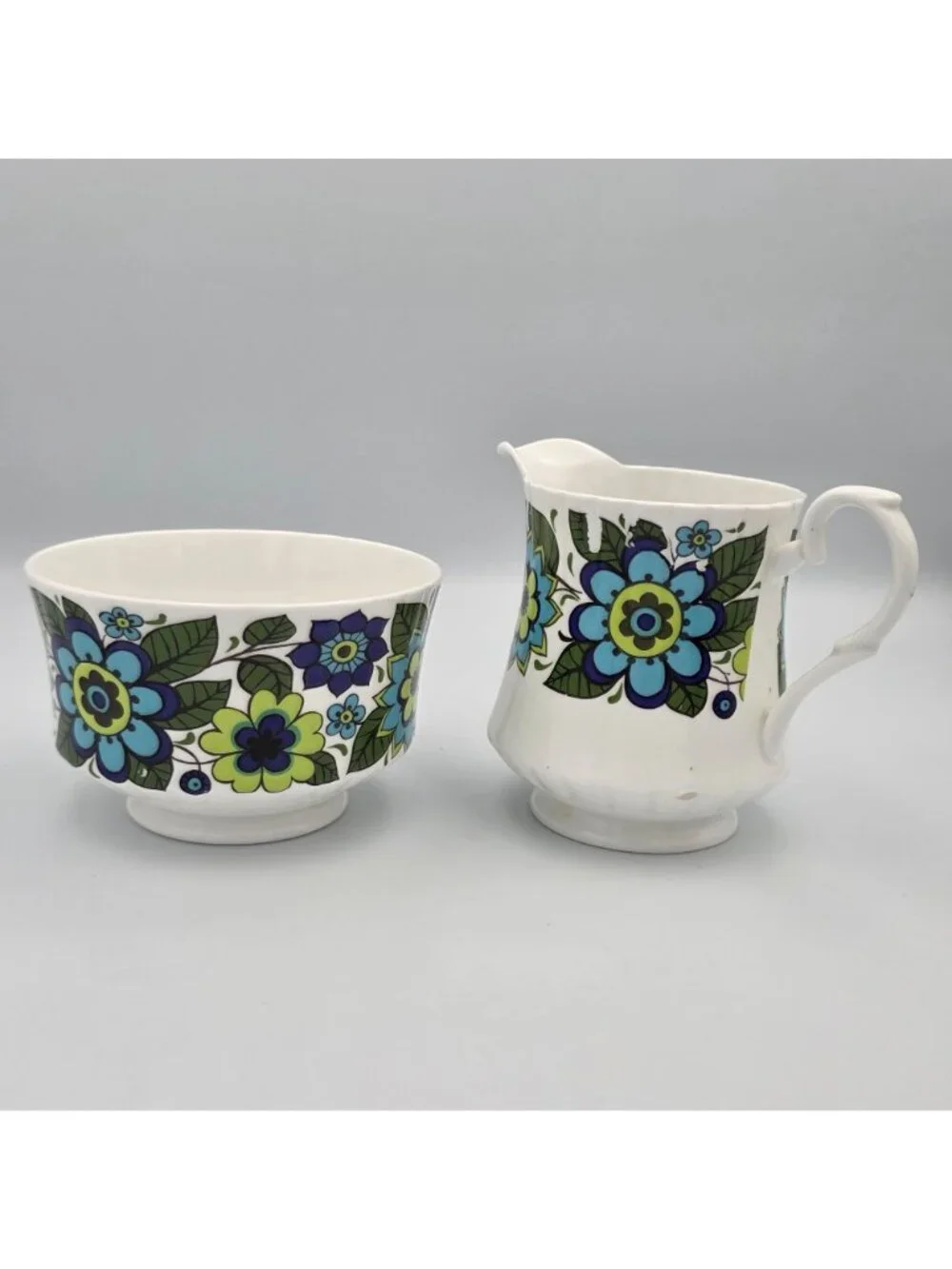 Mayfair Fine Bone China Creamer Sugar Bowl Set Groovy Floral Pattern Blue Green